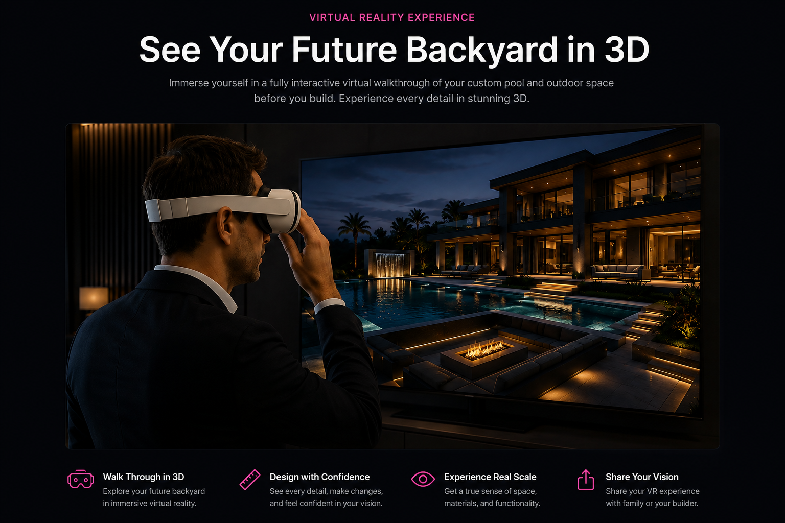 Immersive VR walkthrough of a luxury backyard pool at dusk