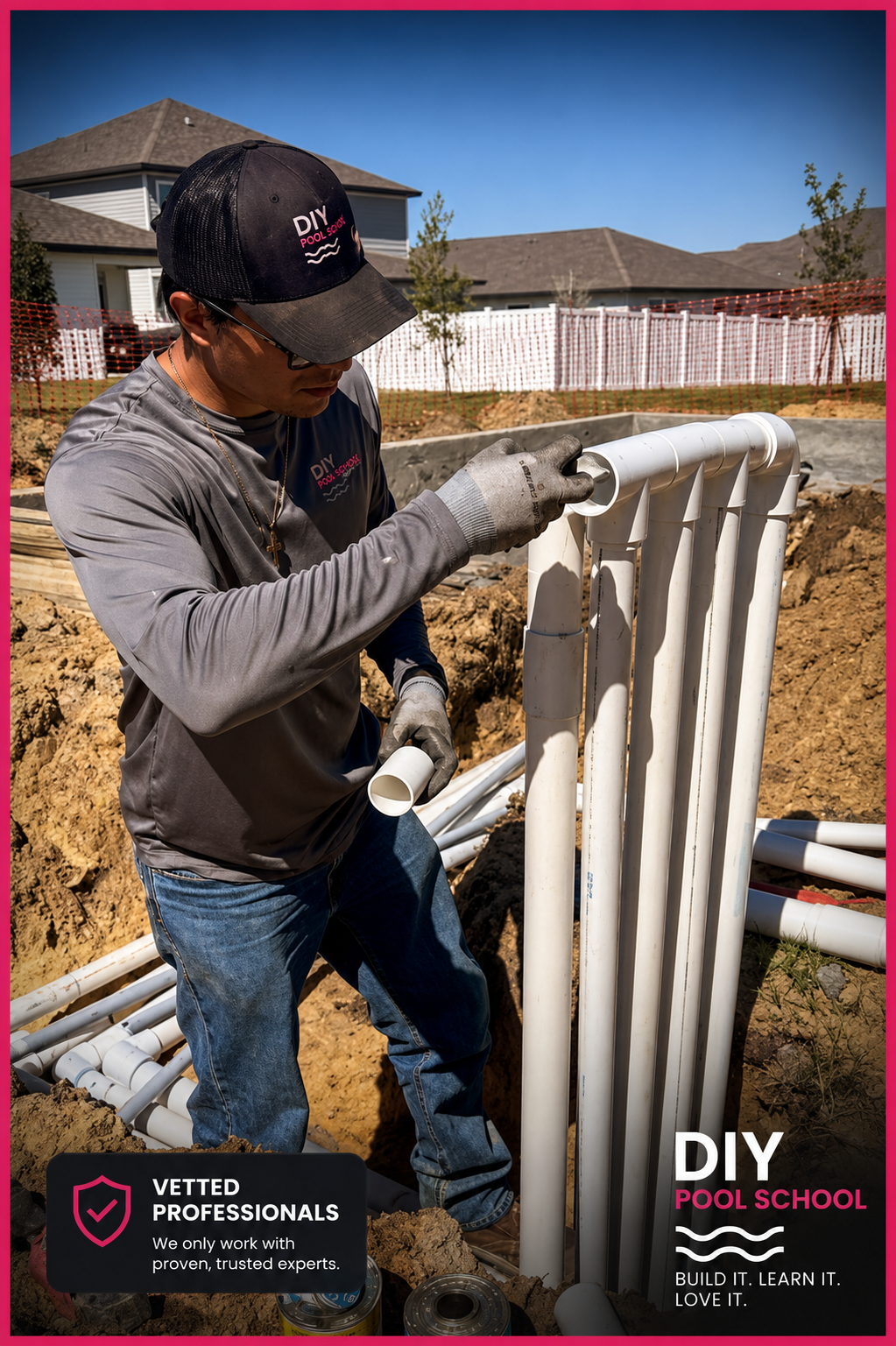 Pool plumber assembling PVC suction and return lines at the equipment pad