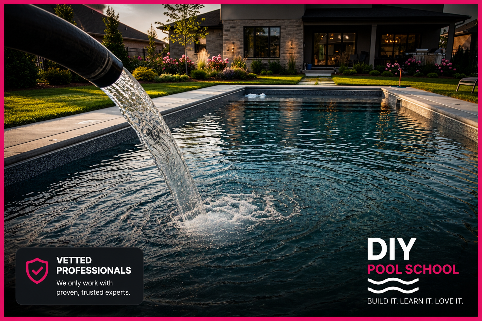 Finished backyard swimming pool being filled with water at sunset