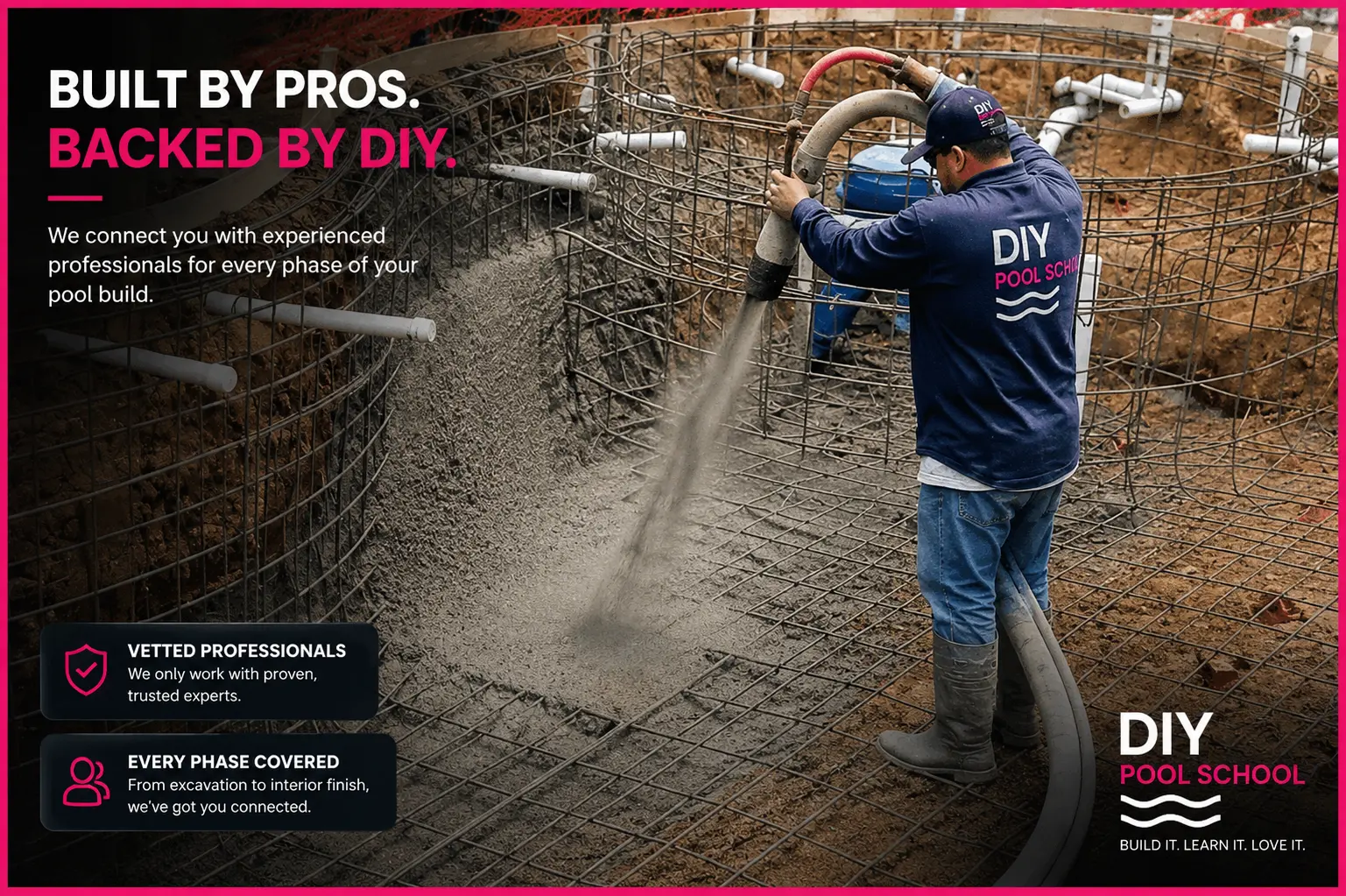 Crew member spraying shotcrete over steel reinforcement in a pool shell
