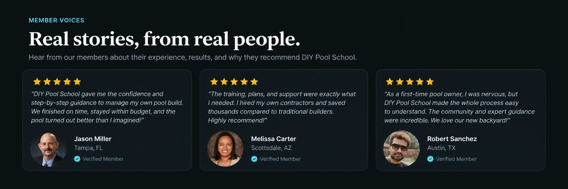 Five-star reviews from verified DIY Pool School members Jason Miller, Melissa Carter, and Robert Sanchez