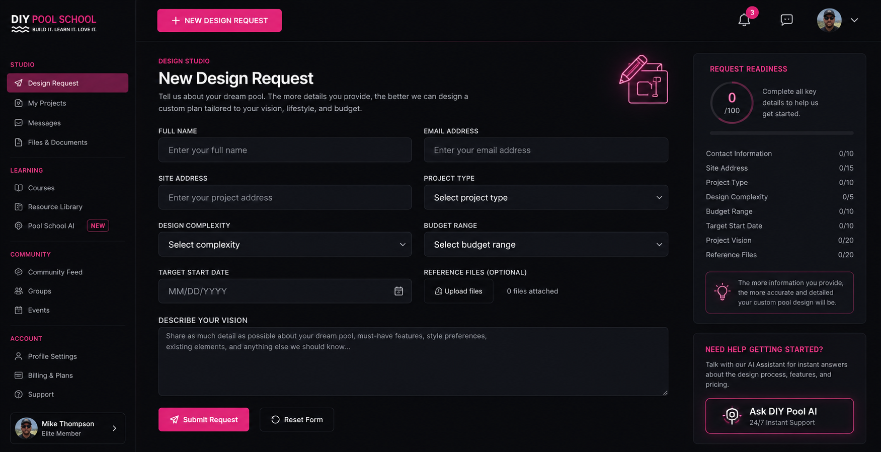 DIY Pool School Design Center — New Design Request dashboard