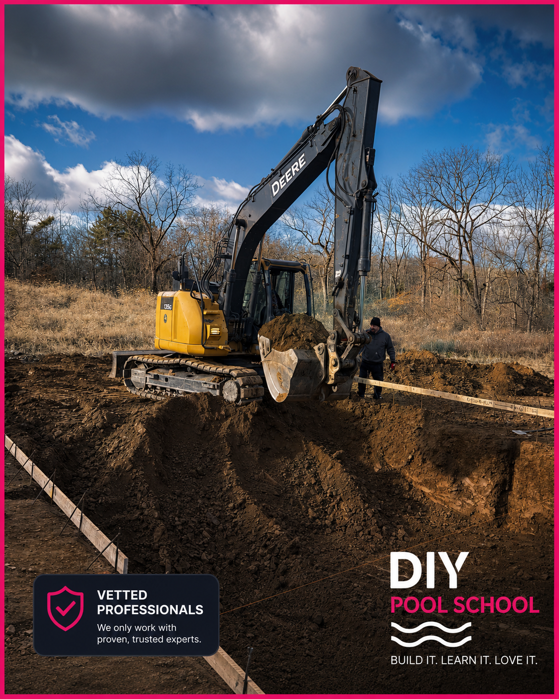 Excavator digging a swimming pool footprint on a prepared site