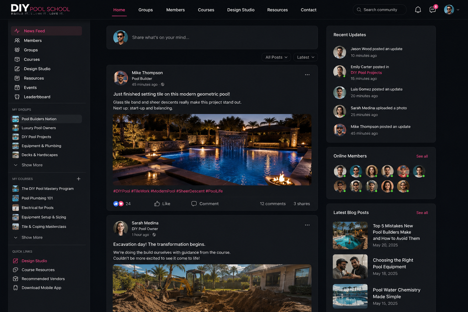 Preview of the private DIY Pool School member community with feed, groups, and updates